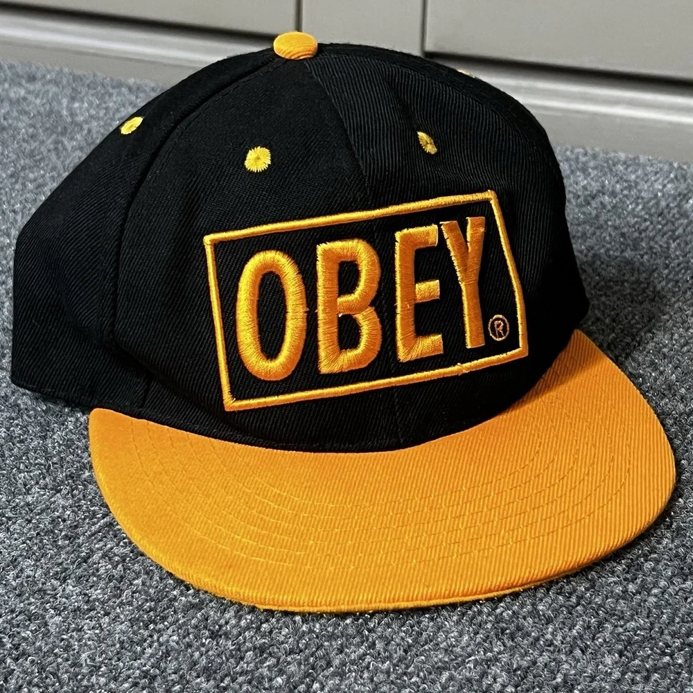 Vintage Obey Skateboarding Snapback Hat Black Yellow Orange One Size